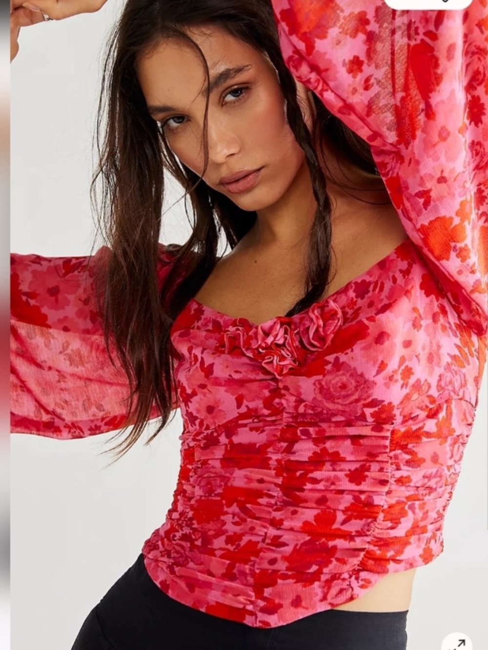 Free People Pink and Red Floral Ruched Long-Sleeve Top Cottagecore Boho Fairy, S - Picture 1 of 8